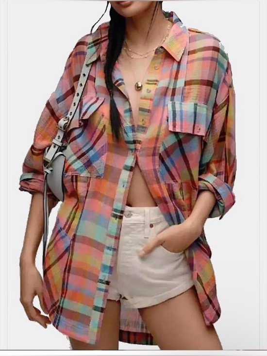 Anthropologie Pilcro Tops - Pilcro Long-Sleeve Mixed Madras Plaid Oversized Buttondown Shirt